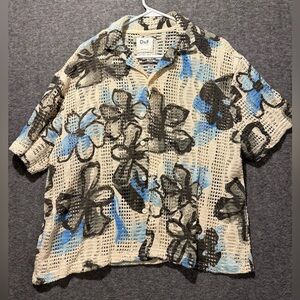 D&F Ricky Singh Crochet Floral Shirt mens L button up relaxed beach surf hippie